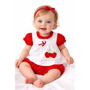 Vintage 1990s Cherry Embroidered Baby Outfit Bloomer Set 6–9M